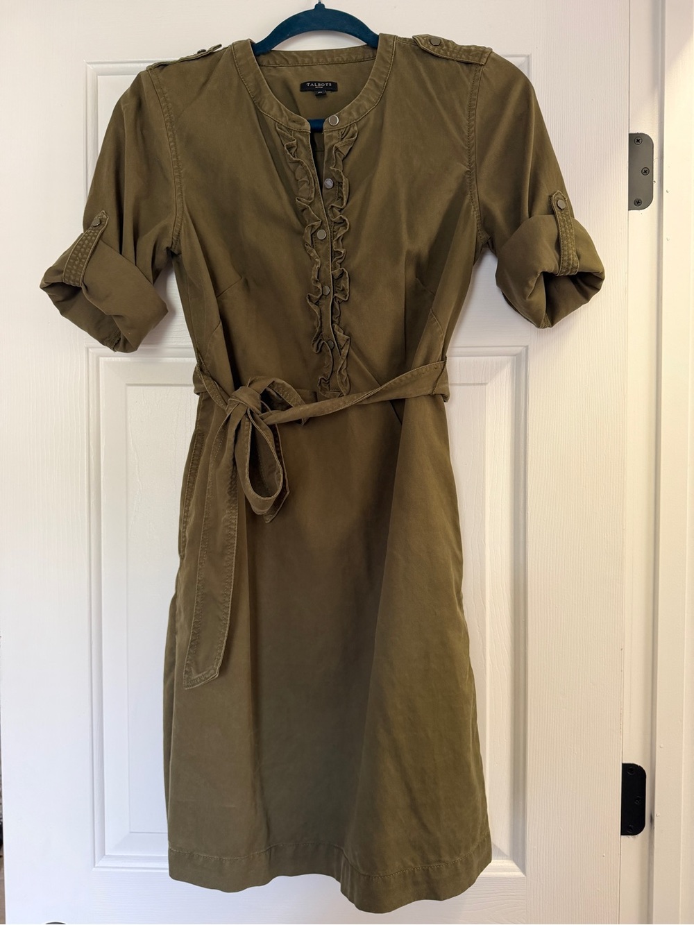 Talbots Olive Belted Ruffle-Front Midi Dress